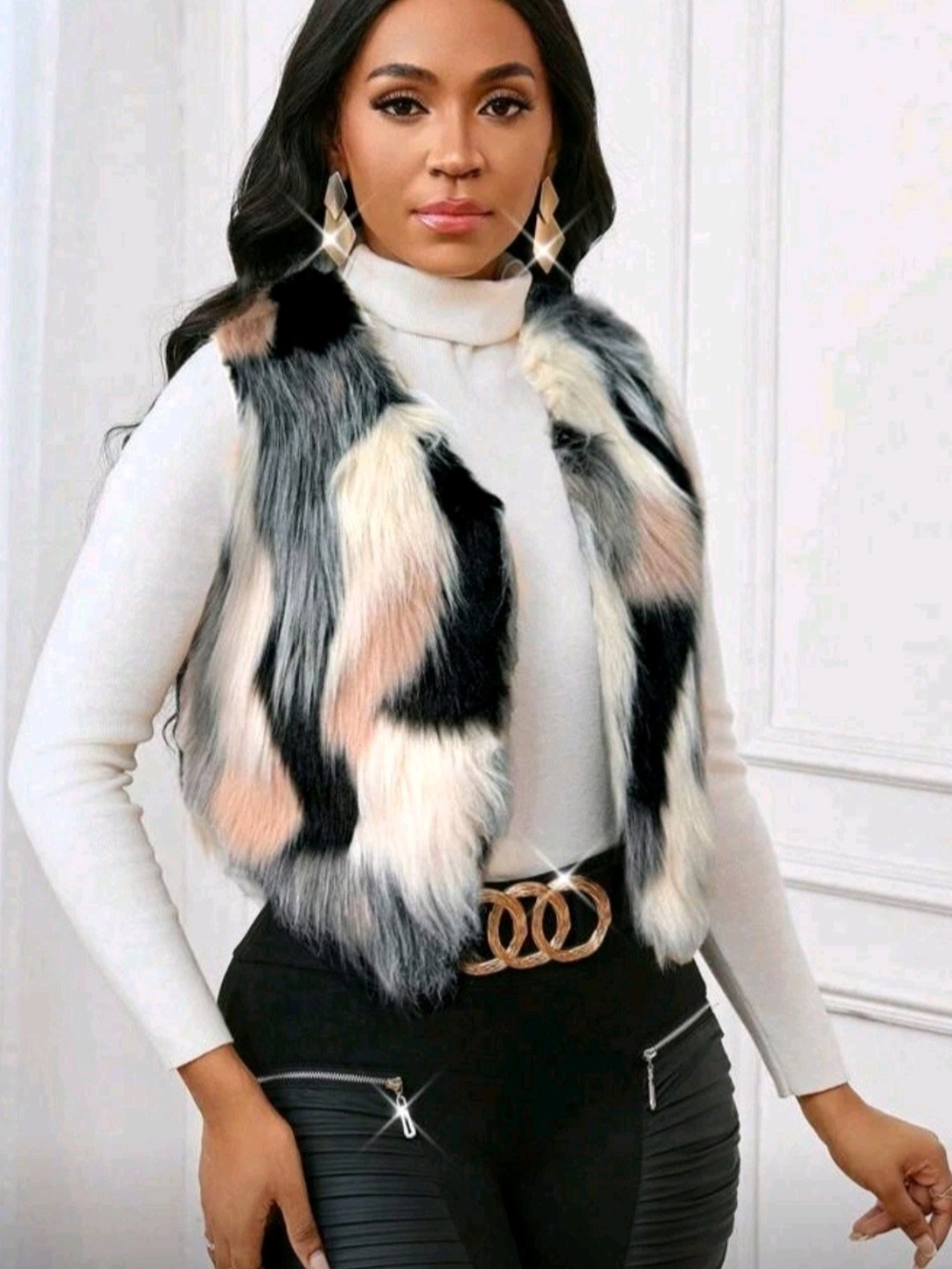 Faux Fur Patchwork Vest - Black, Gray & Blush